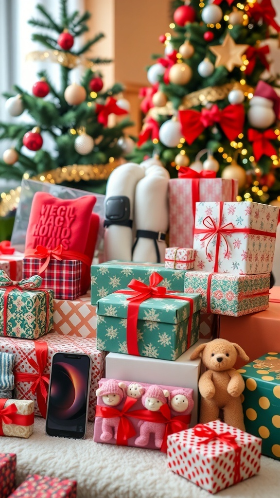 A collection of Christmas gifts in colorful wrapping, with a Christmas tree in the background.